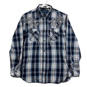 Roar Embroidered Button Up Shirt Men M Blue Plaid Graphic Western